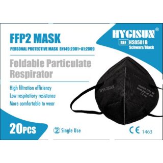 Hygisun® FFP2 Masken ohne Ventil (MHD 01/2025)Faltbare 20er Pack Schwarz